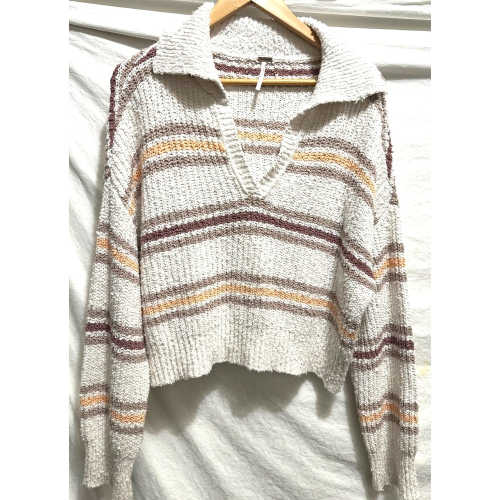 Free People Size XS Ivory Striped Cropped Pullover‎ Collared Knit Sweater